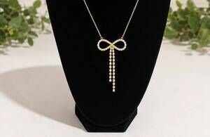NEW ELLISON+YOUNG women's dainty rhinestone bow drop necklace in gold